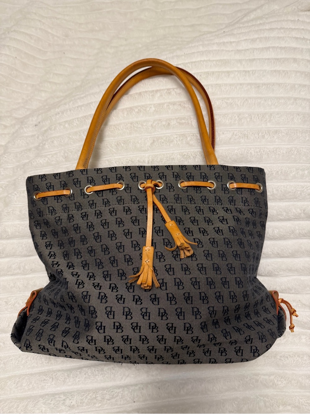 Dooney & Bourke Black Monogram Tote with Tan Leather Trim
